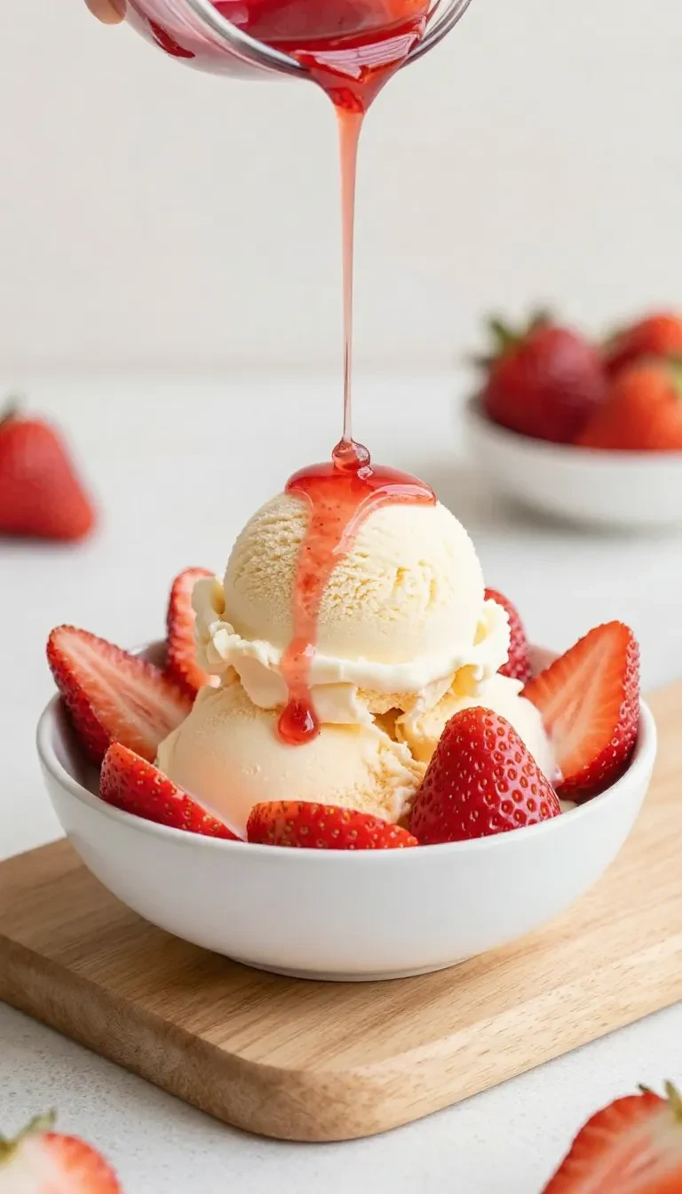 A bowl of strawberry bingsu topped with fresh strawberry slices, sweet red syrup, and shaved ice.