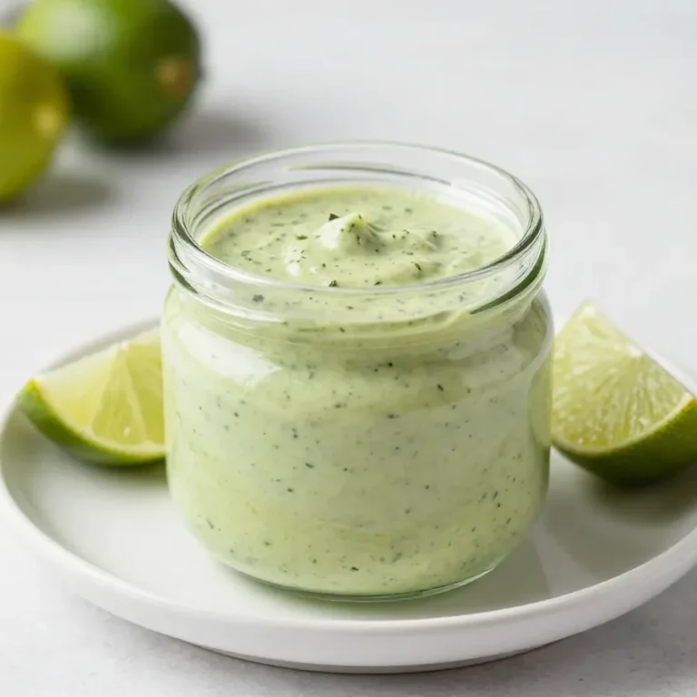 A bowl of creamy cilantro garlic sauce topped with jalapeño slices and lime wedges