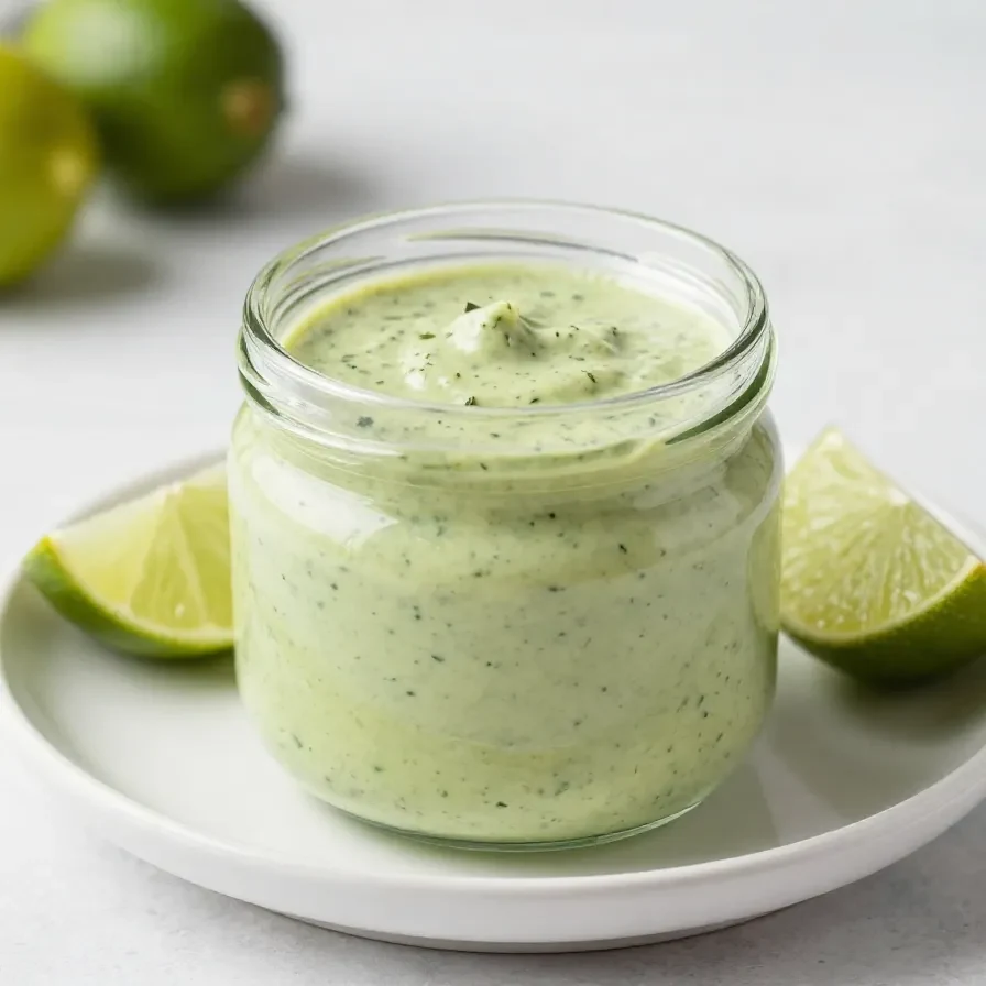 A bowl of creamy cilantro garlic sauce topped with jalapeño slices and lime wedges