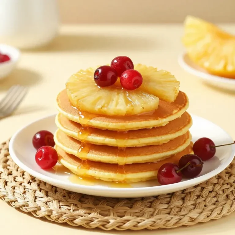 A stack of fluffy pineapple pancakes topped with fresh pineapple slices and a drizzle of syrup on a white plate.