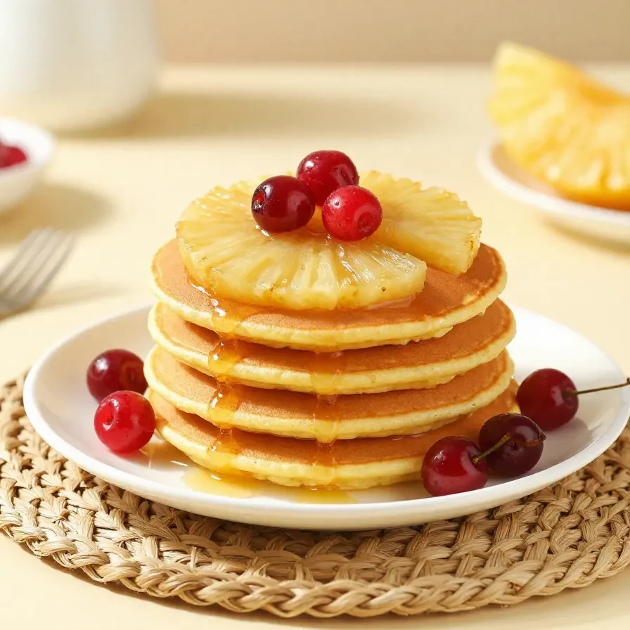 A stack of fluffy pineapple pancakes topped with fresh pineapple slices and a drizzle of syrup on a white plate.