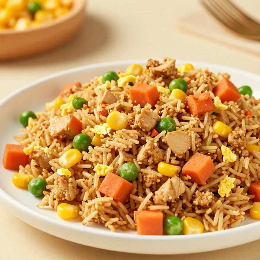 A bowl of chicken fried rice made with zero point ingredients, topped with diced vegetables and herbs.