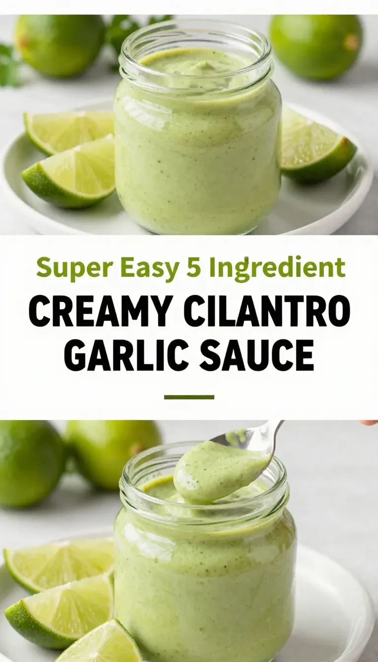 A bowl of creamy cilantro garlic sauce topped with jalapeño slices and lime wedges