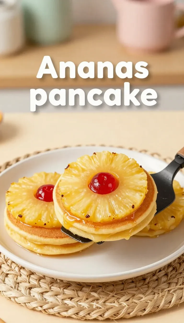 A stack of fluffy pineapple pancakes topped with fresh pineapple slices and a drizzle of syrup on a white plate.