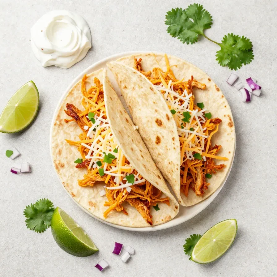 A crockpot filled with shredded chicken tacos ready to serve with toppings