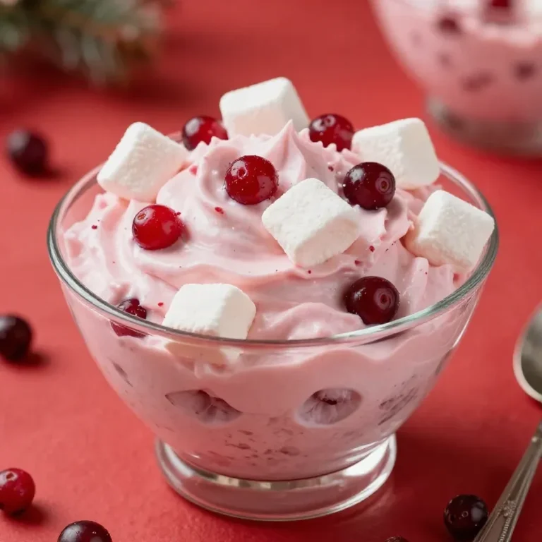 A creamy cranberry fluff dessert in a glass bowl topped with whipped cream and fresh cranberries