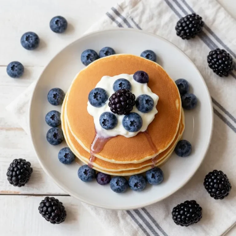 Stack of delicious pancakes topped with fresh blueberries and a scoop of vanilla ice cream