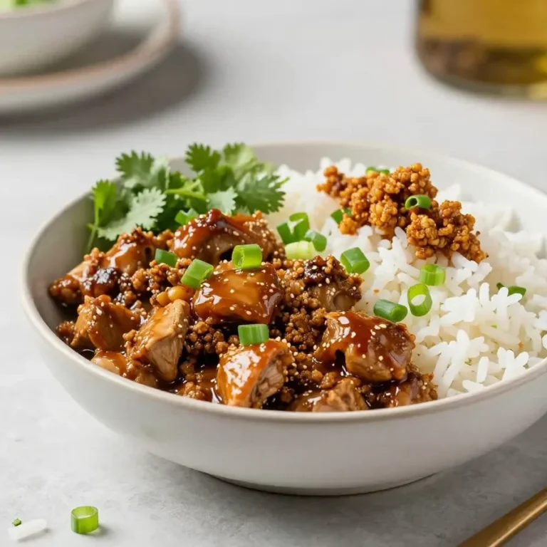 A skillet of honey garlic ground turkey simmered with a glossy sauce and garnished with chopped green onions.