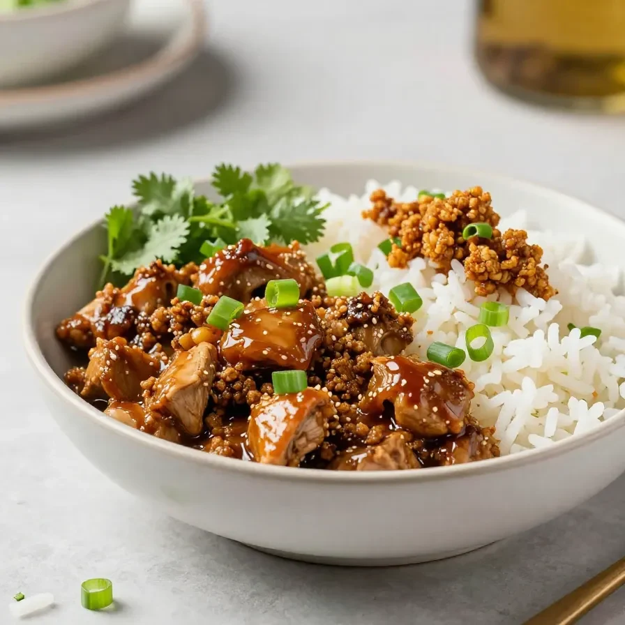 A skillet of honey garlic ground turkey simmered with a glossy sauce and garnished with chopped green onions.