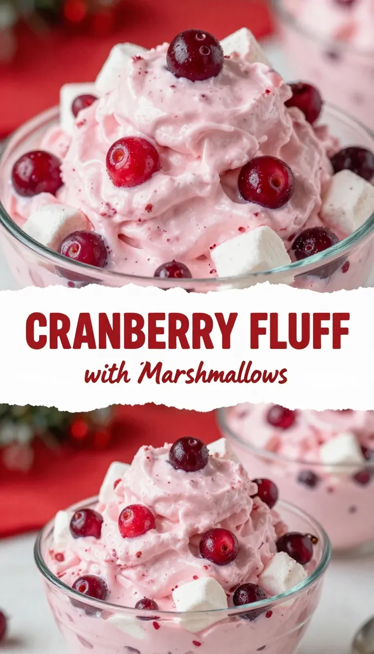 A creamy cranberry fluff dessert in a glass bowl topped with whipped cream and fresh cranberries