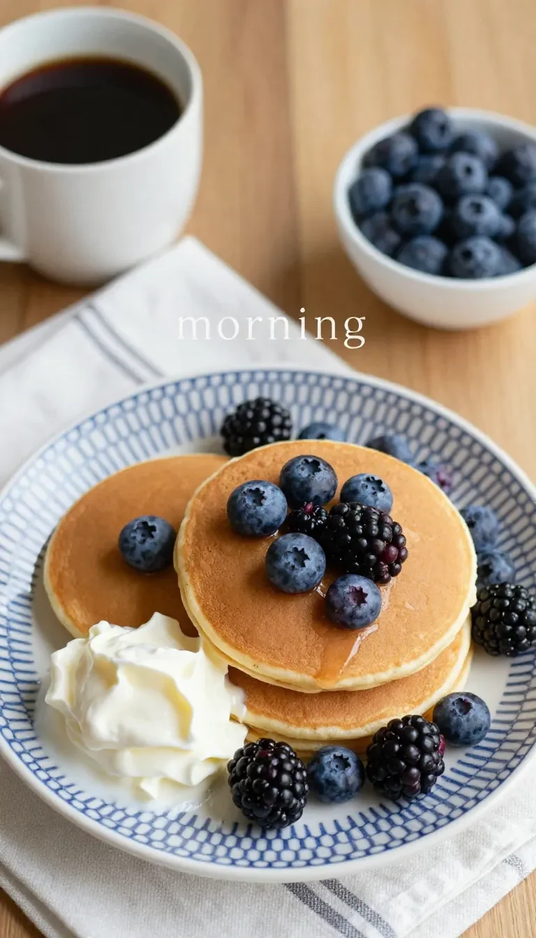 Stack of delicious pancakes topped with fresh blueberries and a scoop of vanilla ice cream