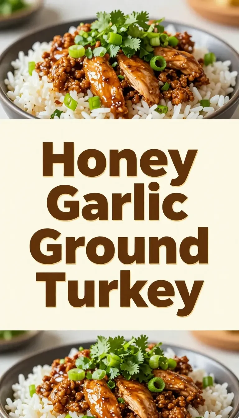 A skillet of honey garlic ground turkey simmered with a glossy sauce and garnished with chopped green onions.
