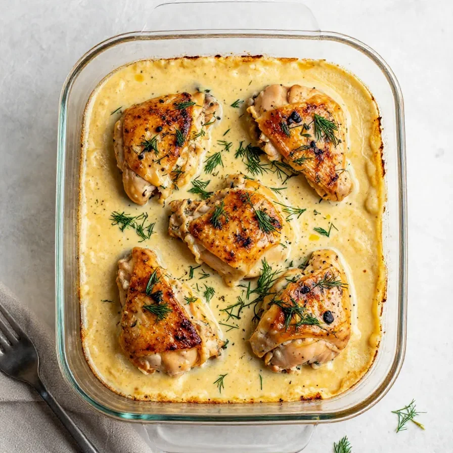 Creamy oven baked chicken thighs served in a baking dish with a rich sauce and herbs