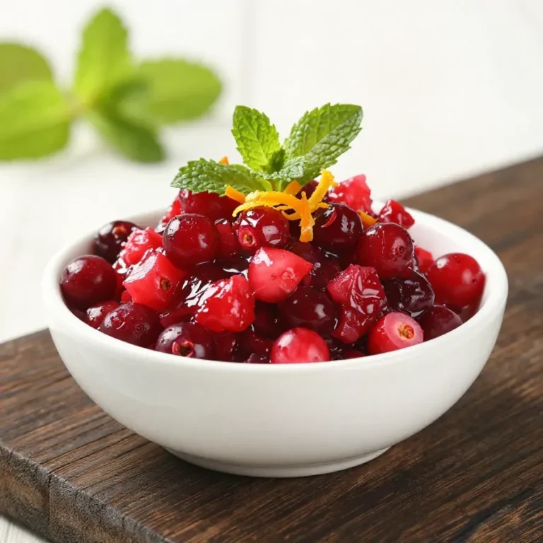 A bowl of bright red cranberry relish with orange zest served on a table
