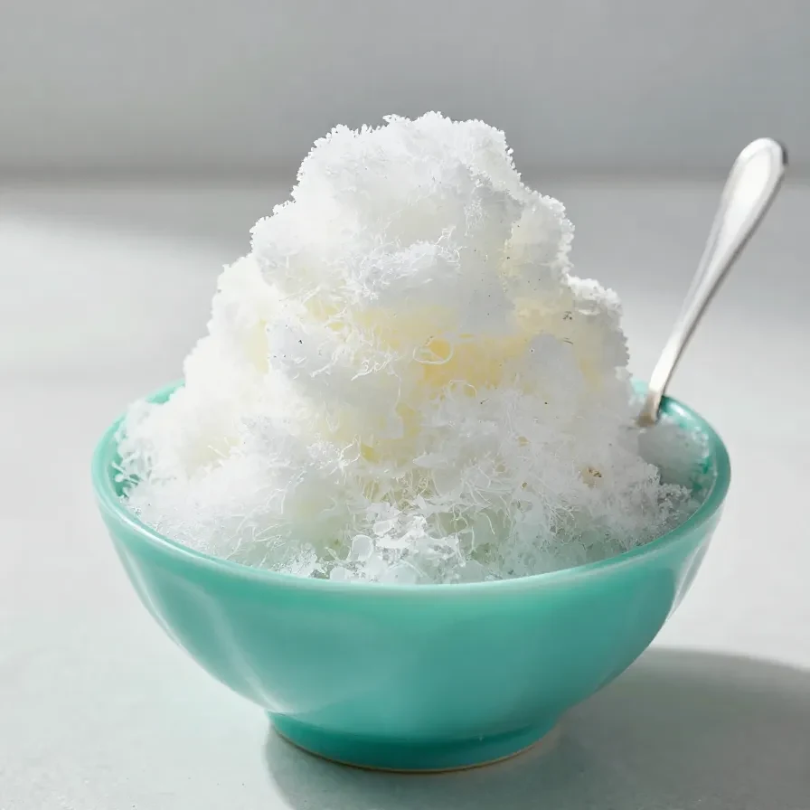 A bowl of homemade snow cream topped with vanilla and served with a spoon on a snowy day.