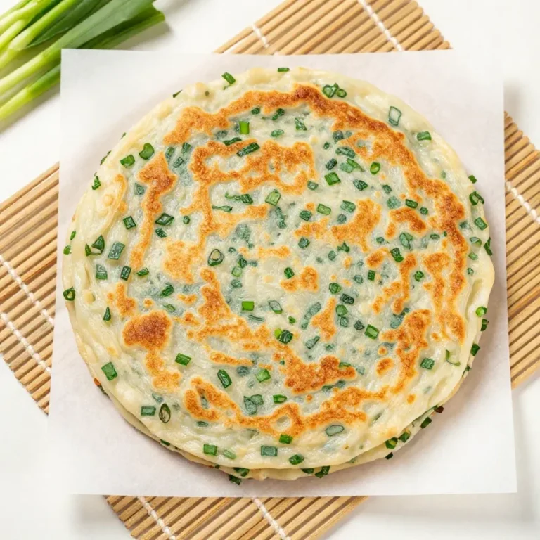 Golden crispy Chinese scallion pancakes stacked on a plate with chopped green onions visible in the layers.