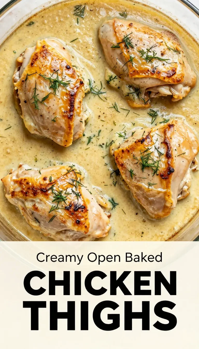 Creamy oven baked chicken thighs served in a baking dish with a rich sauce and herbs