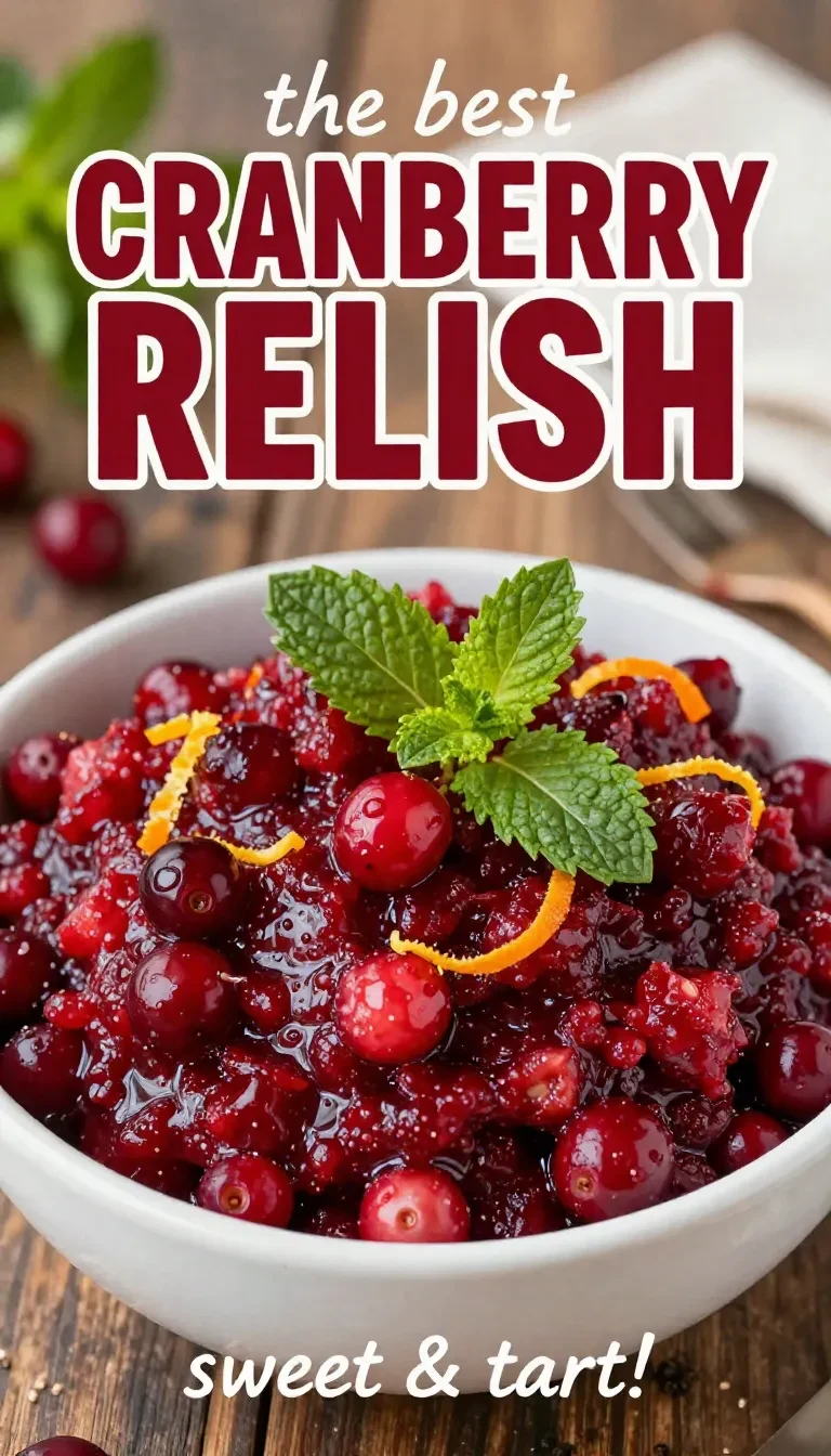 A bowl of bright red cranberry relish with orange zest served on a table