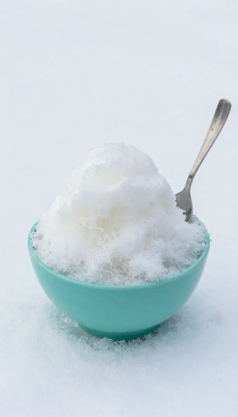 A bowl of homemade snow cream topped with vanilla and served with a spoon on a snowy day.