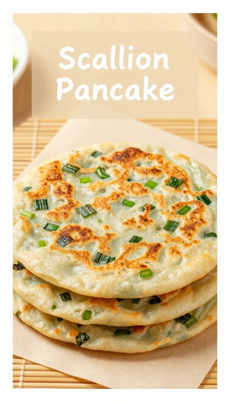 Golden crispy Chinese scallion pancakes stacked on a plate with chopped green onions visible in the layers.