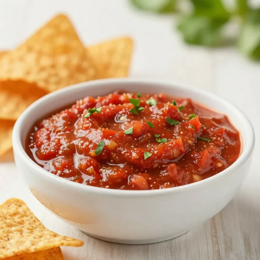 A bowl of fresh homemade salsa with diced tomatoes, onions, cilantro, lime, and jalapeños served with tortilla chips
