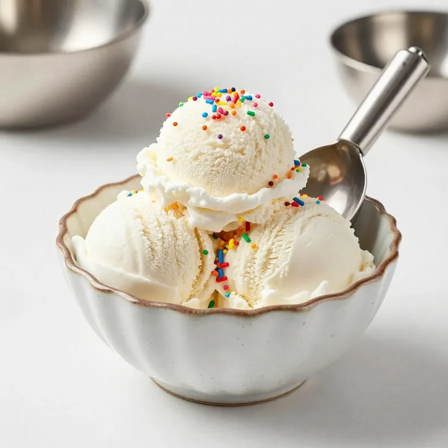 A bowl of homemade snow ice cream topped with vanilla and sprinkles, served with a spoon on a kitchen counter.
