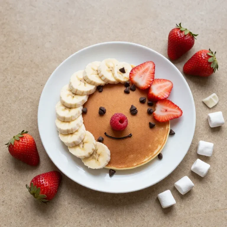 Stack of Santa-themed pancakes topped with whipped cream, strawberries, and a strawberry hat, served on a festive holiday plate