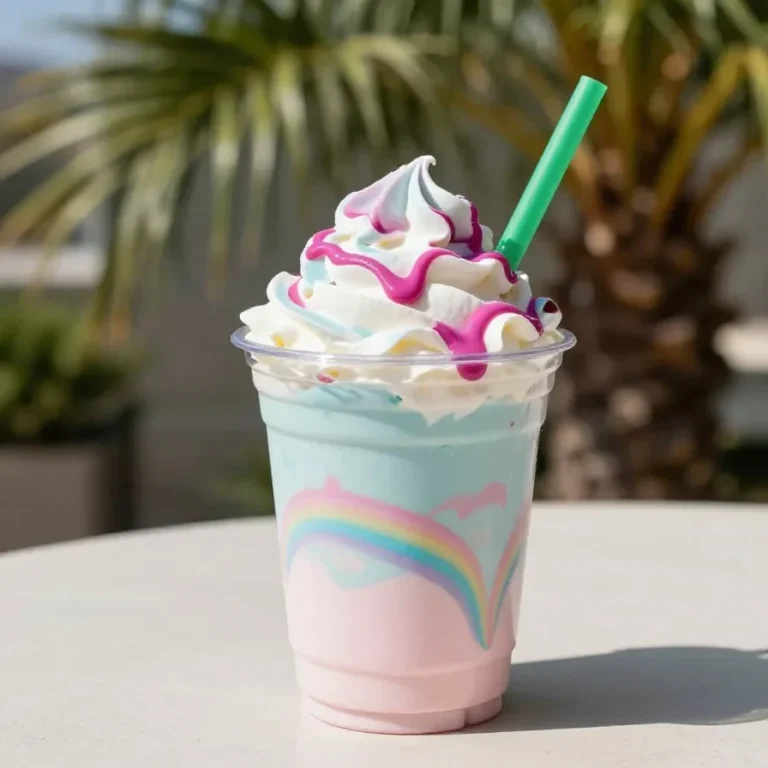 A colorful unicorn frappe topped with whipped cream, rainbow sprinkles, and a pastel candy horn in a tall glass.
