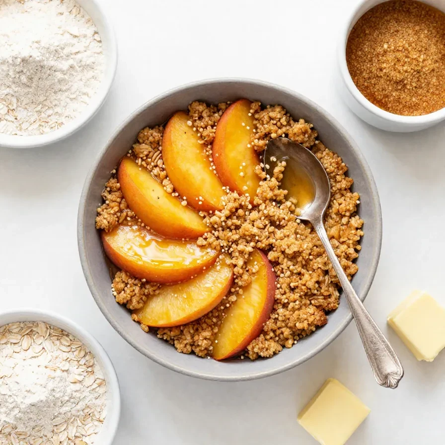 A golden peach crisp with a crunchy oat topping served in a baking dish.