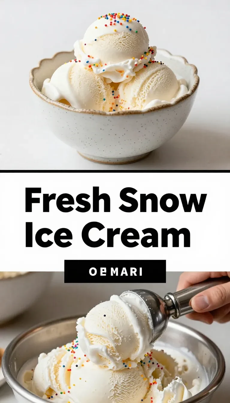 A bowl of homemade snow ice cream topped with vanilla and sprinkles, served with a spoon on a kitchen counter.