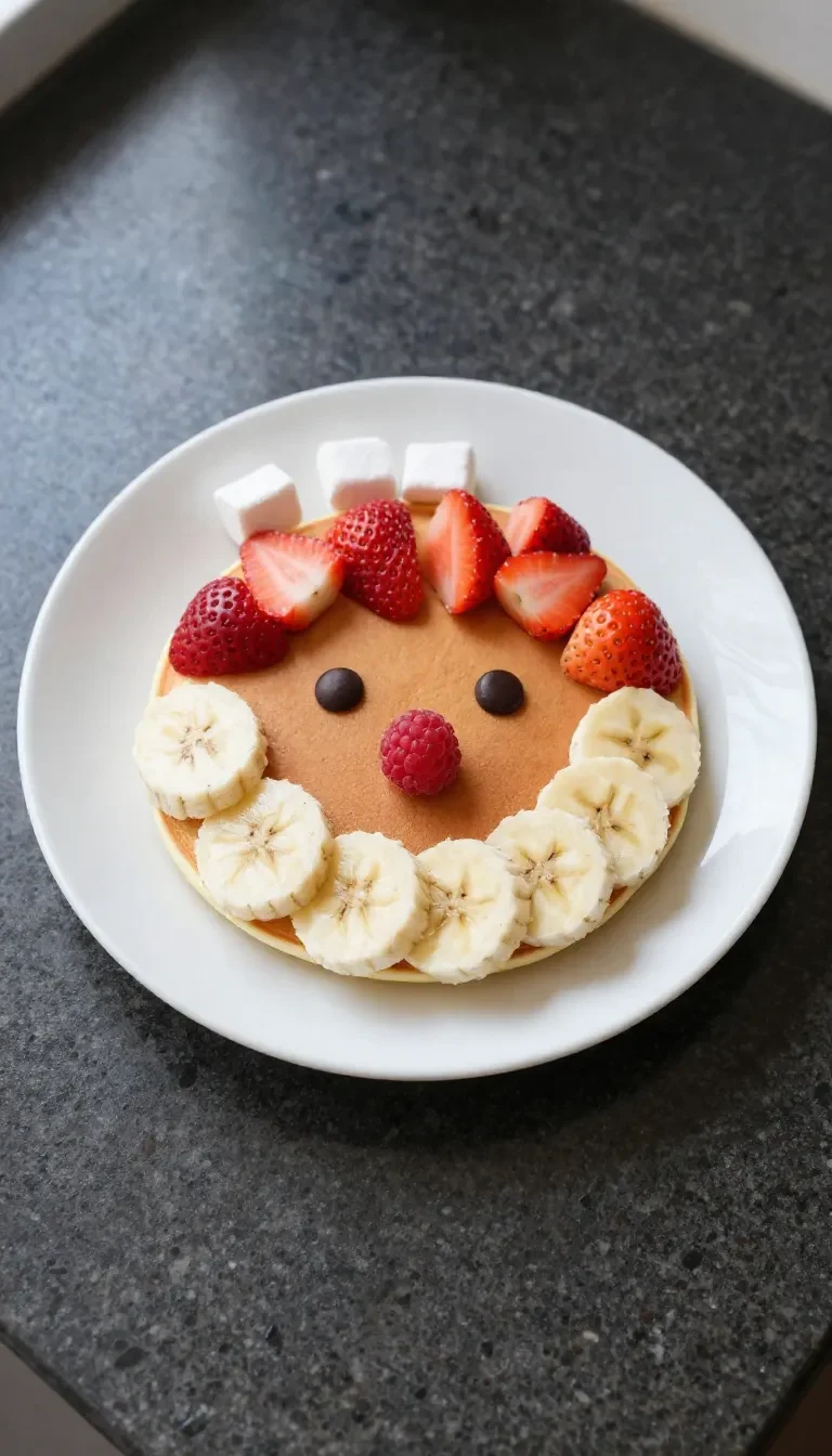 Stack of Santa-themed pancakes topped with whipped cream, strawberries, and a strawberry hat, served on a festive holiday plate