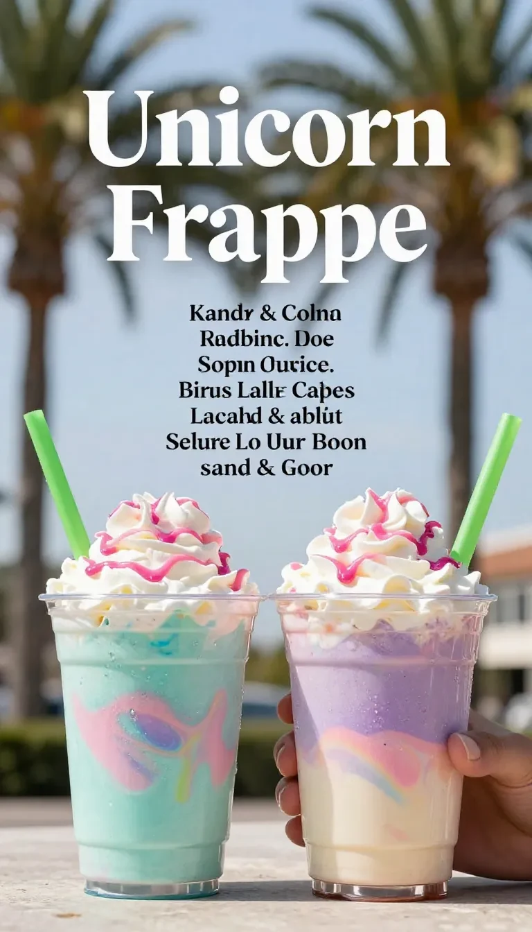 A colorful unicorn frappe topped with whipped cream, rainbow sprinkles, and a pastel candy horn in a tall glass.