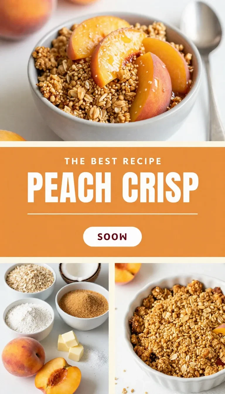 A golden peach crisp with a crunchy oat topping served in a baking dish.