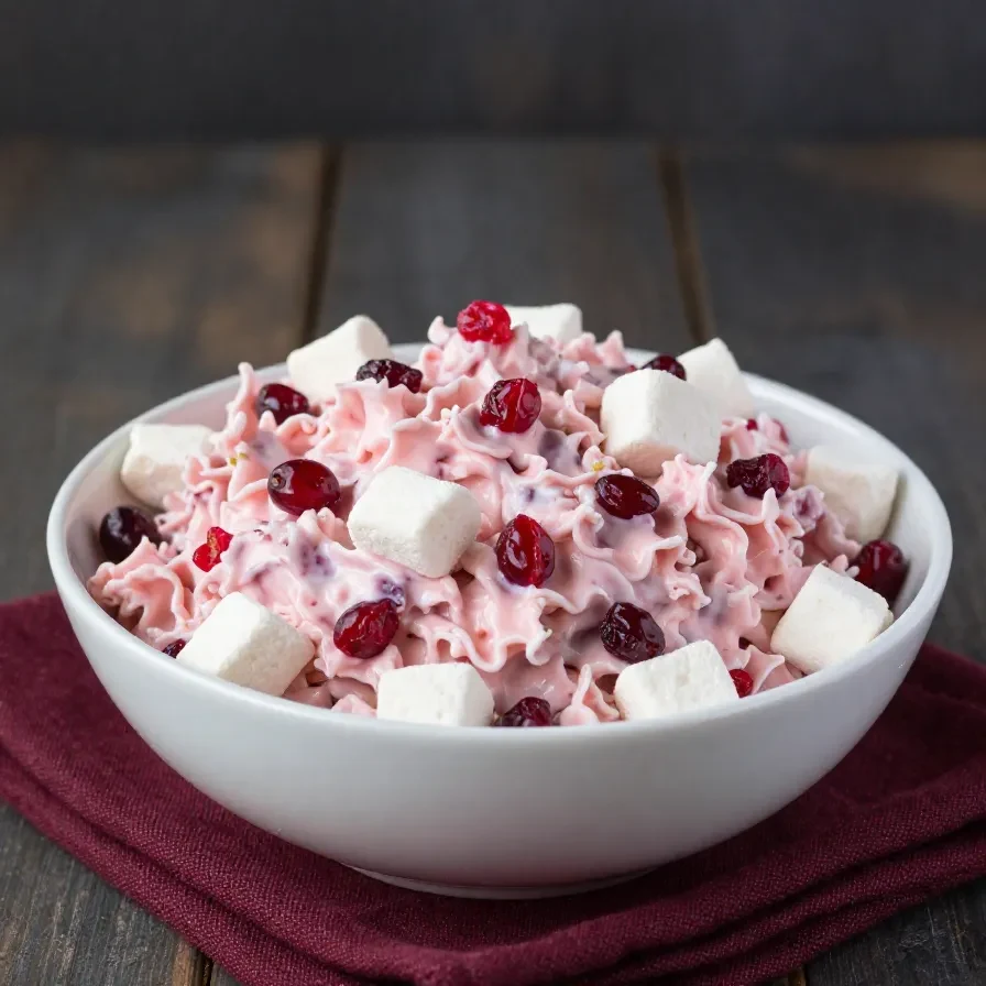 A festive cranberry fluff salad served in a glass bowl with whipped cream, marshmallows, and chopped cranberries.
