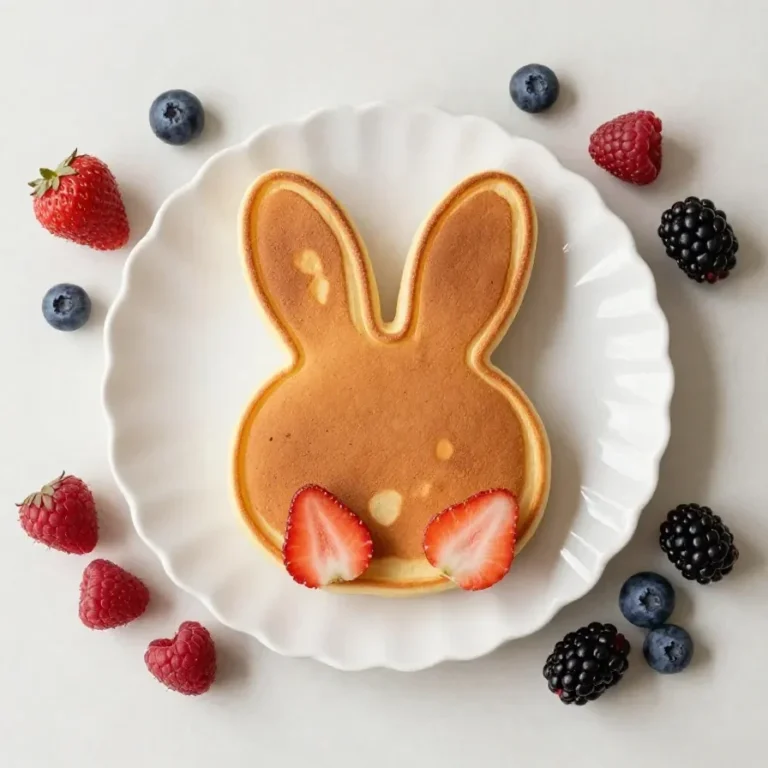 Adorable rabbit-shaped pancakes topped with fresh berries on a white plate