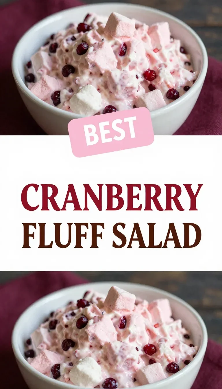A festive cranberry fluff salad served in a glass bowl with whipped cream, marshmallows, and chopped cranberries.