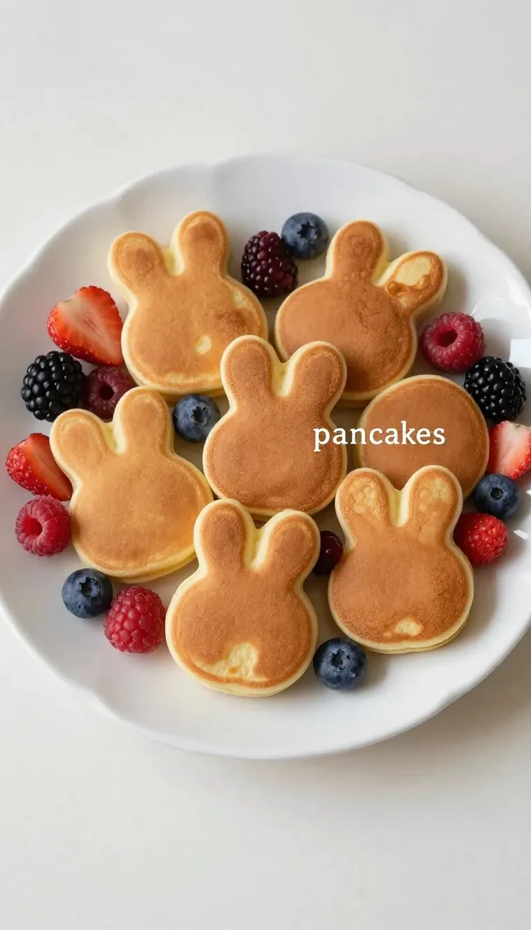 Adorable rabbit-shaped pancakes topped with fresh berries on a white plate