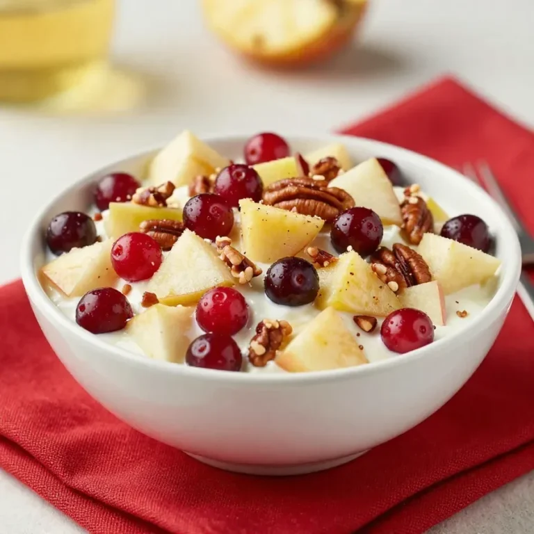 A colorful cranberry apple pineapple salad served in a glass bowl with fresh fruit and mixed ingredients.