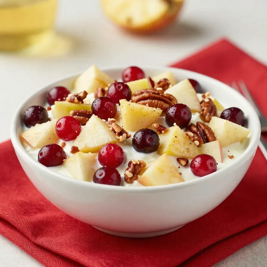 A colorful cranberry apple pineapple salad served in a glass bowl with fresh fruit and mixed ingredients.