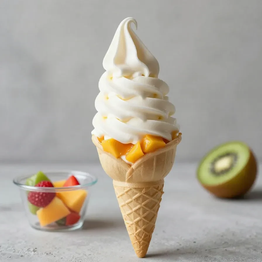 A colorful tropical fruit ice cream parfait layered with mango, pineapple, coconut ice cream, and fresh berries in a clear glass.