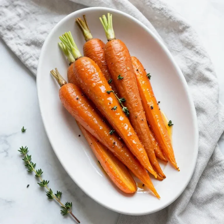 A bowl of roasted carrots glazed with honey and herbs, served warm on a white plate.