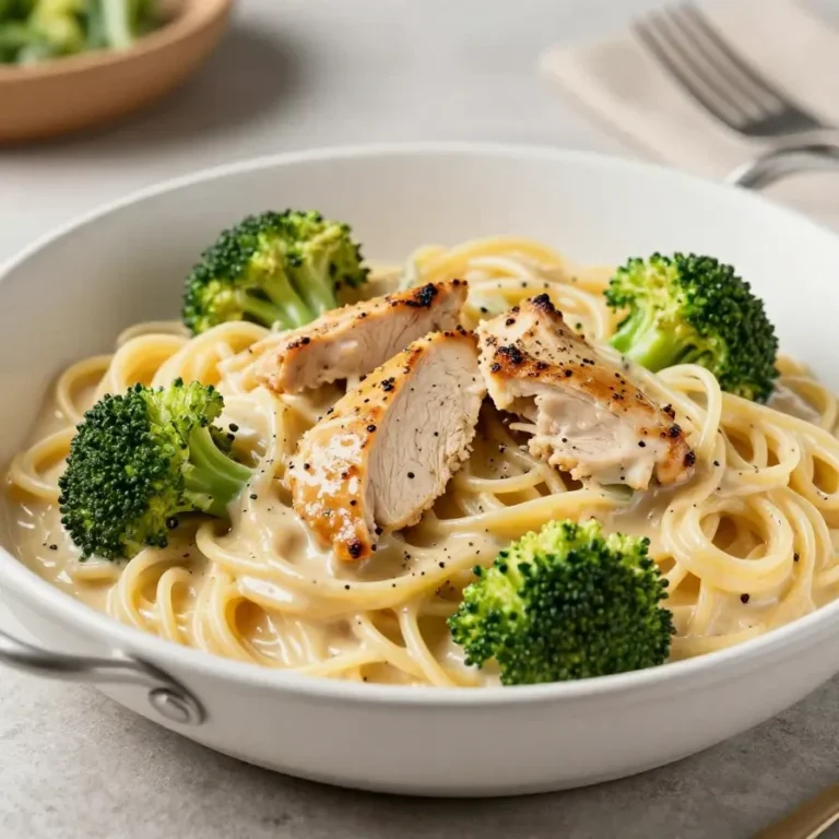 Creamy skinny chicken broccoli alfredo served in a white bowl with tender chicken pieces, broccoli florets, and pasta.
