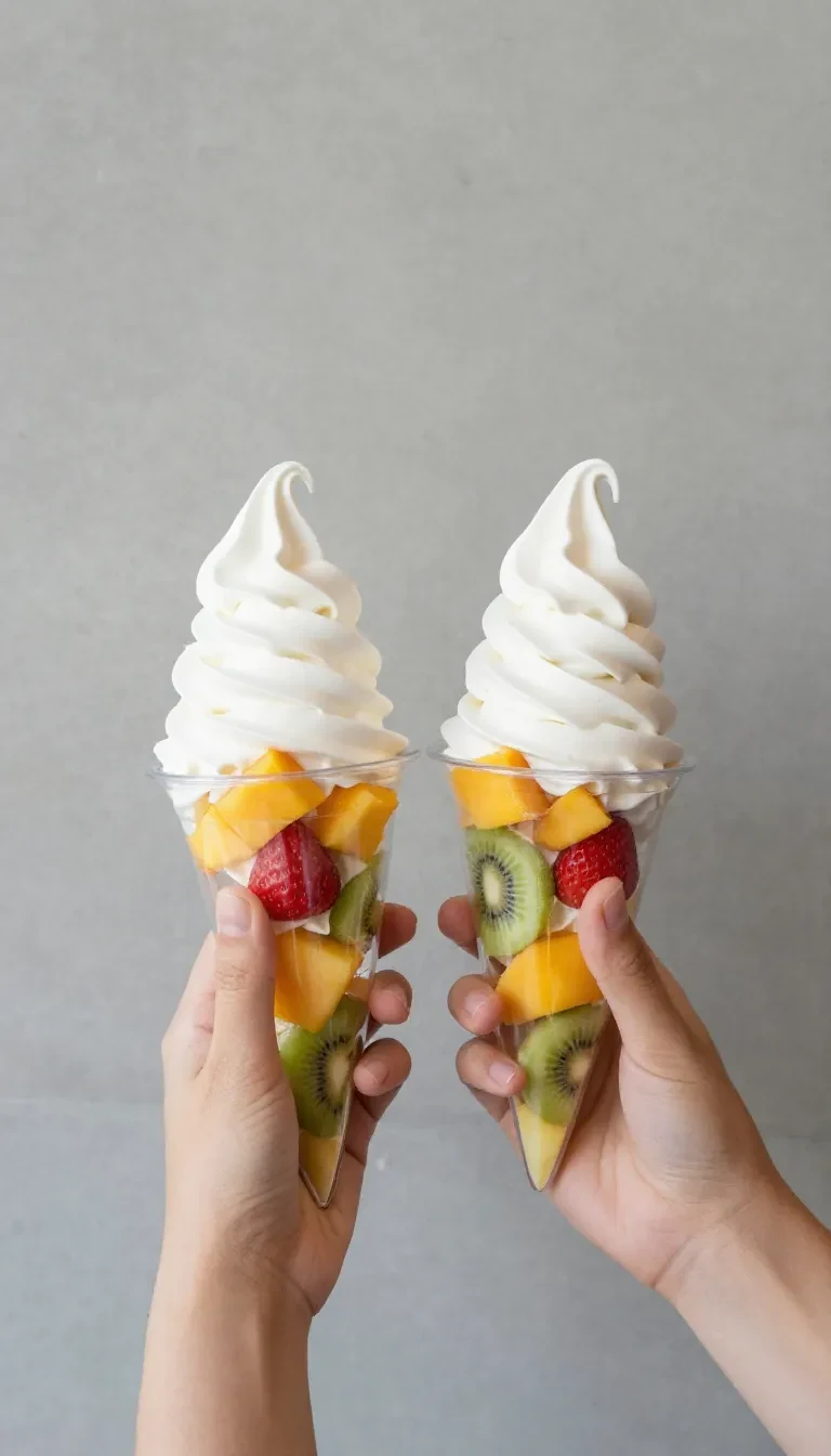 A colorful tropical fruit ice cream parfait layered with mango, pineapple, coconut ice cream, and fresh berries in a clear glass.