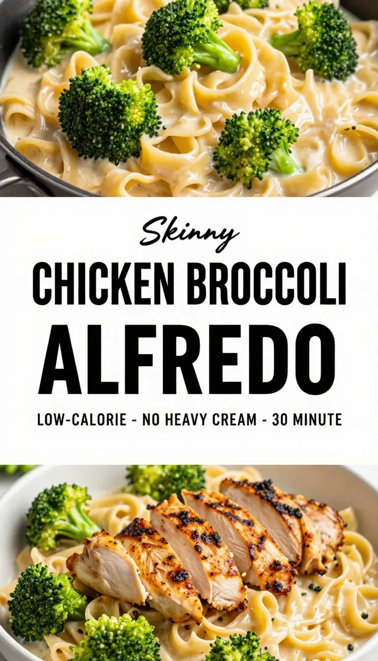Creamy skinny chicken broccoli alfredo served in a white bowl with tender chicken pieces, broccoli florets, and pasta.
