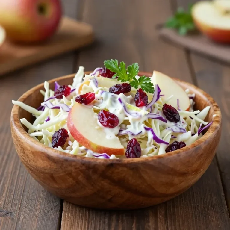 A bowl of cranberry apple coleslaw with shredded cabbage, sliced apples, and dried cranberries