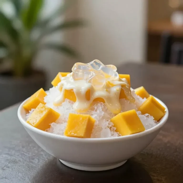 A bowl of Taiwanese mango shave ice topped with fresh mango chunks, mango sauce, and a scoop of ice cream.