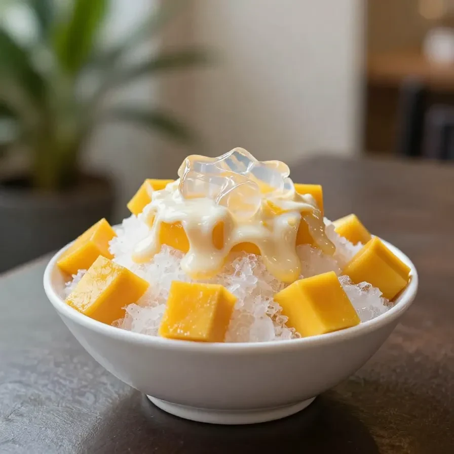 A bowl of Taiwanese mango shave ice topped with fresh mango chunks, mango sauce, and a scoop of ice cream.