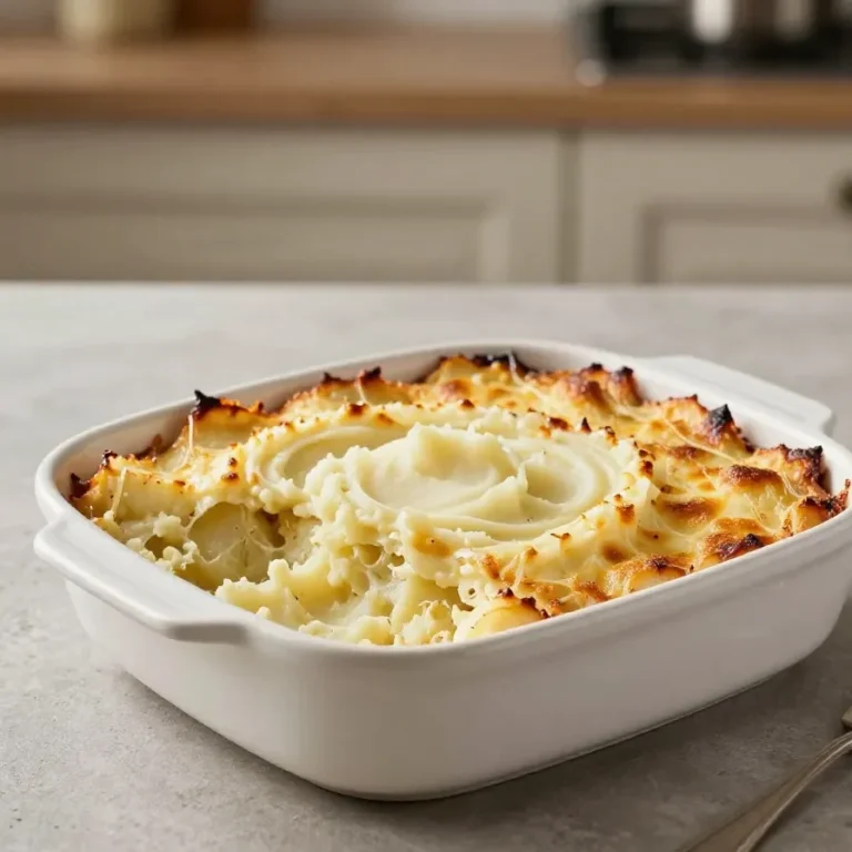Creamy Steakhouse Potatoes Romanoff baked in a dish with a golden cheese topping and chopped chives