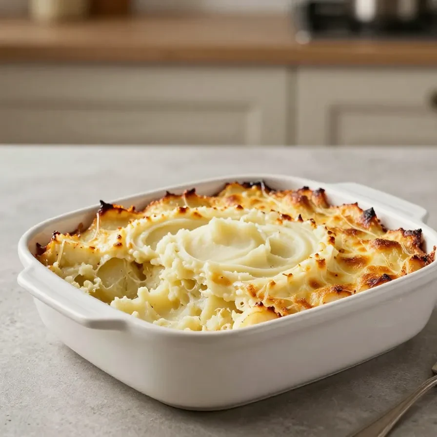 Creamy Steakhouse Potatoes Romanoff baked in a dish with a golden cheese topping and chopped chives