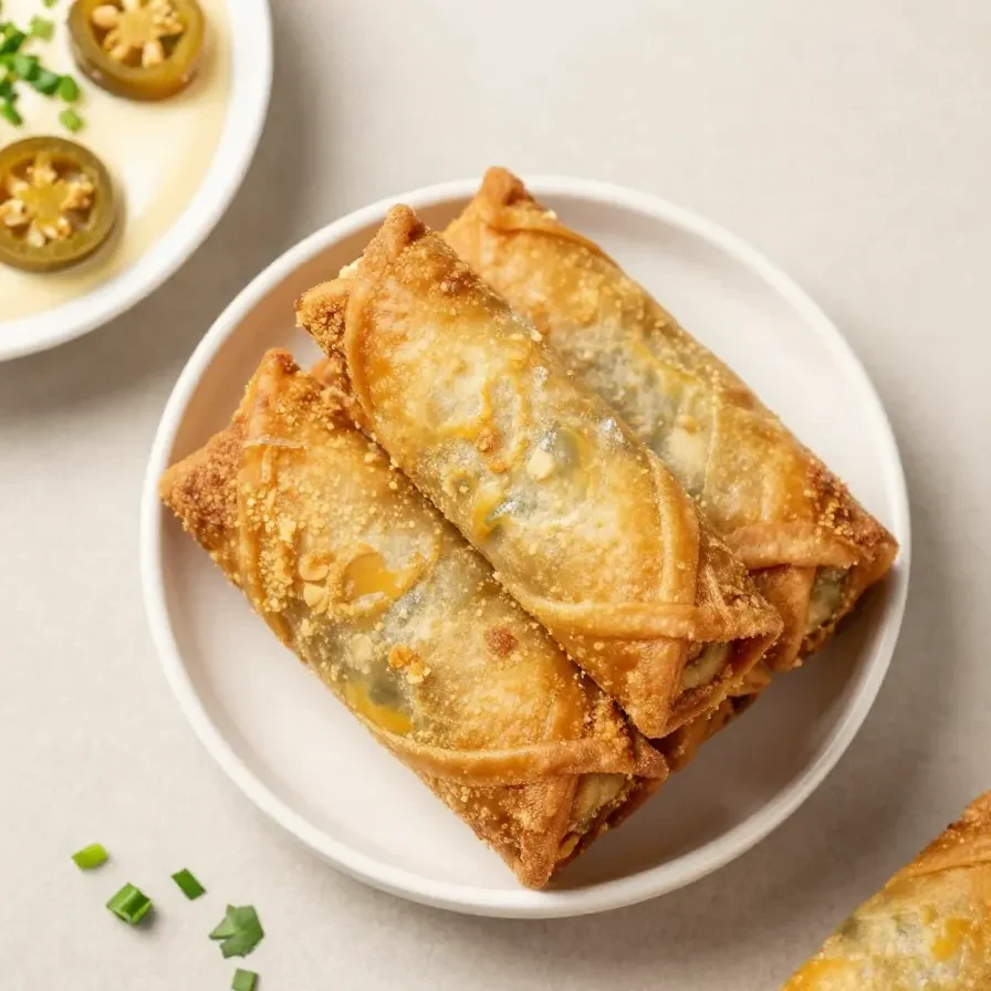 Crispy jalapeño popper egg rolls sliced open to show creamy cheese, chopped jalapeños, and melted filling inside golden wrappers.
